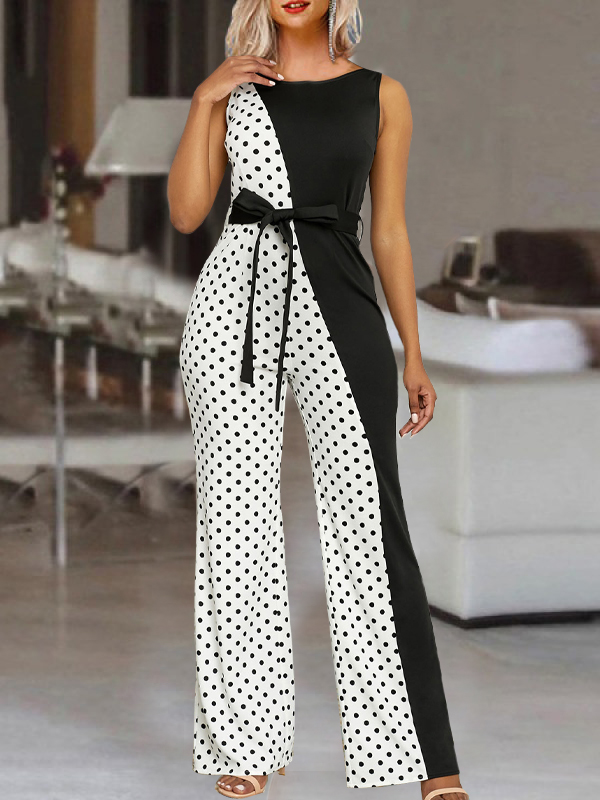 Fashion Dots Print Crew Neck Jumpsuit Women