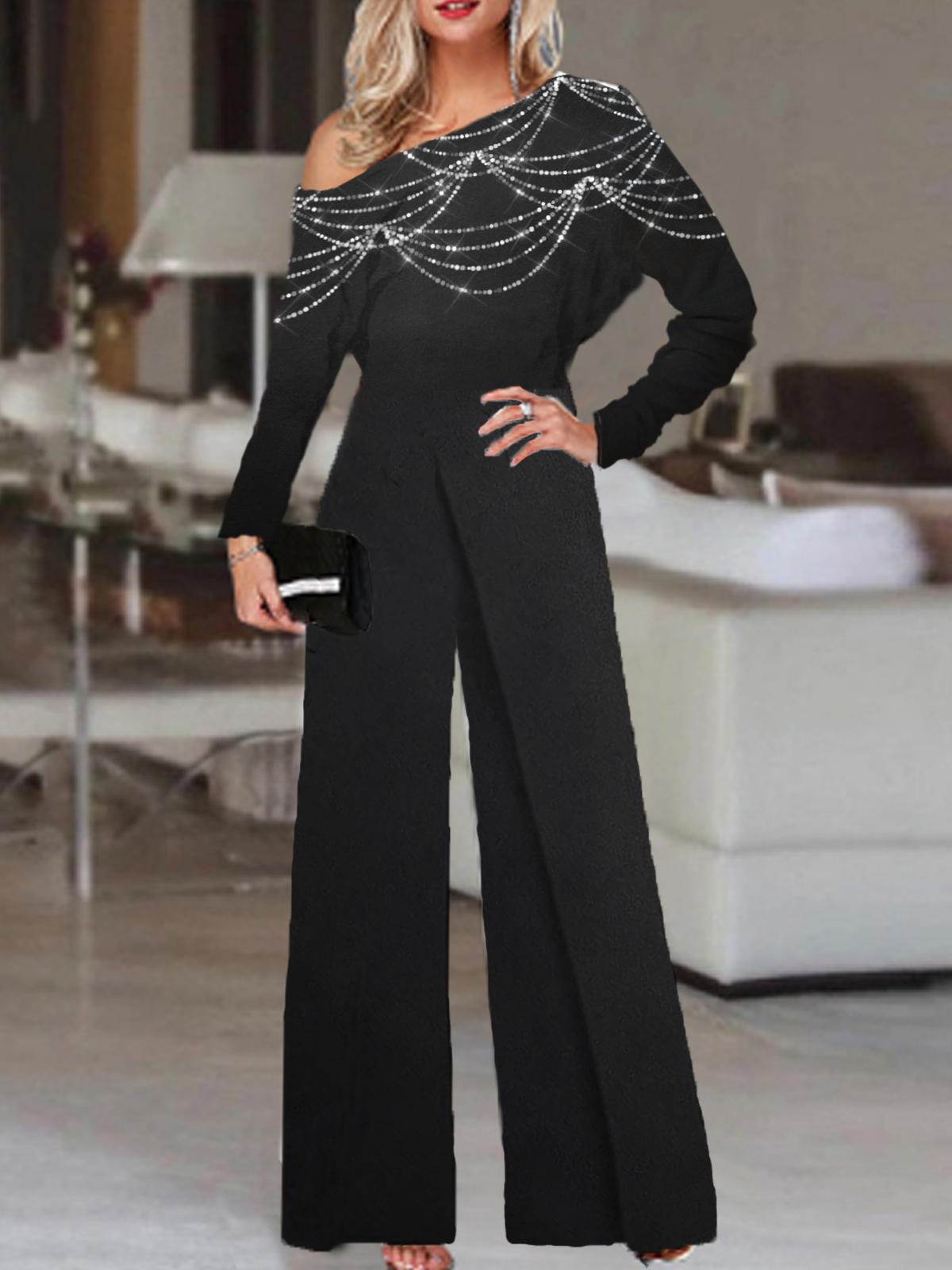 Sequin Print Off shoulder Long Sleeve Jumpsuit Women