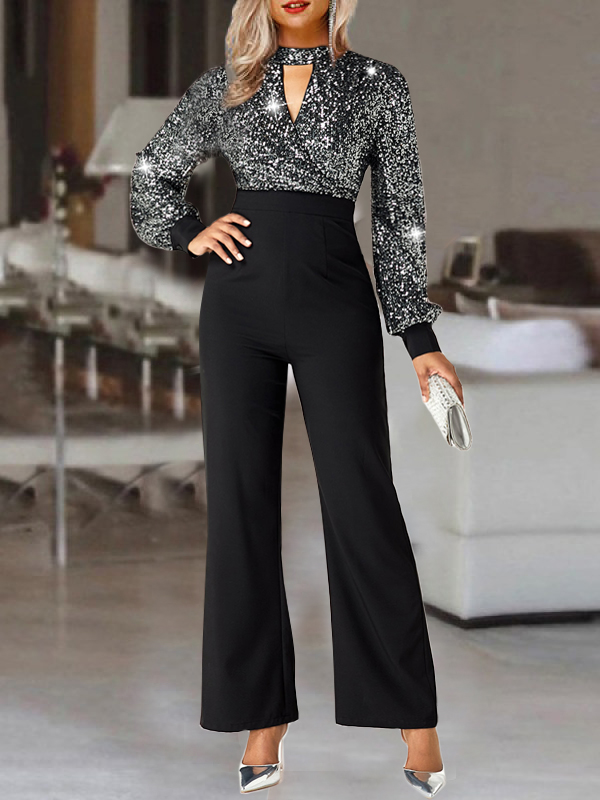 Fashion Sequin Print Long Sleeves V neck Jumpsuit Women