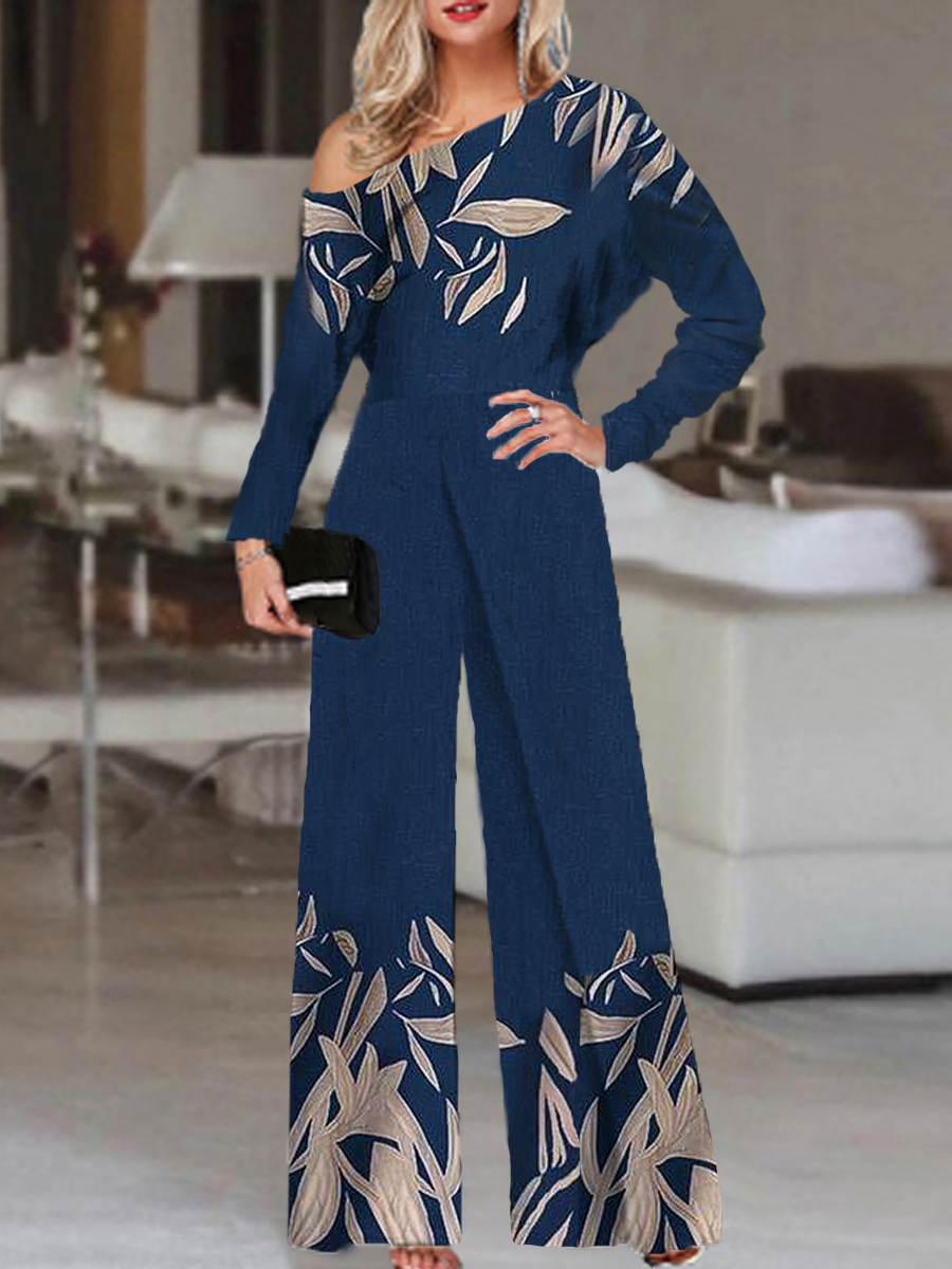Fashion Leaf Print Off shoulder Long Sleeve Jumpsuit Women