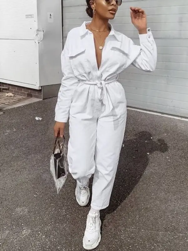 Women's Fashionable Pure White Cotton And Linen Tooling High Waist Jumpsuit - Ininrubyclub.com 