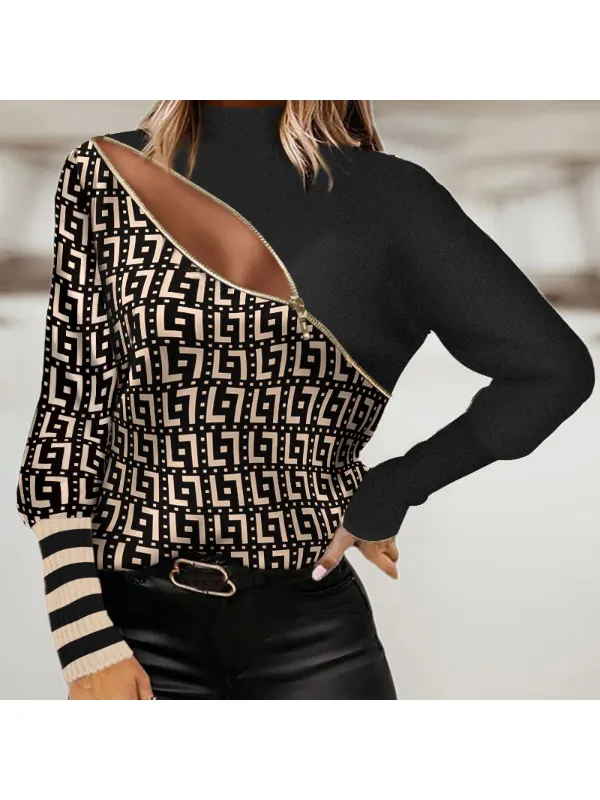 Elegant Knitted Geometric Splicing T-shirt For Women - Funluc.com 