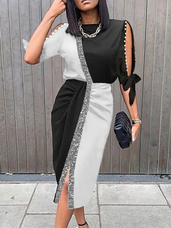 Sequin Trim Black And White Color Block Off-shoulder Slit Midi Dress Women - Minicousa.com 