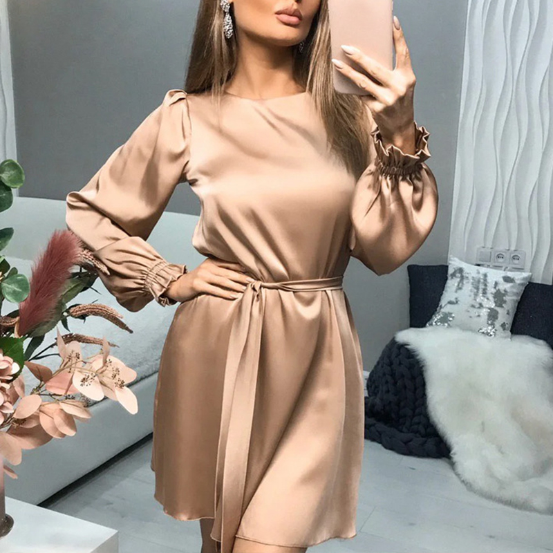 European And American Long Sleeve Dress 2021 Spring New Khaki Satin Lantern Sleeve Purple Green Temperament Short Skirt