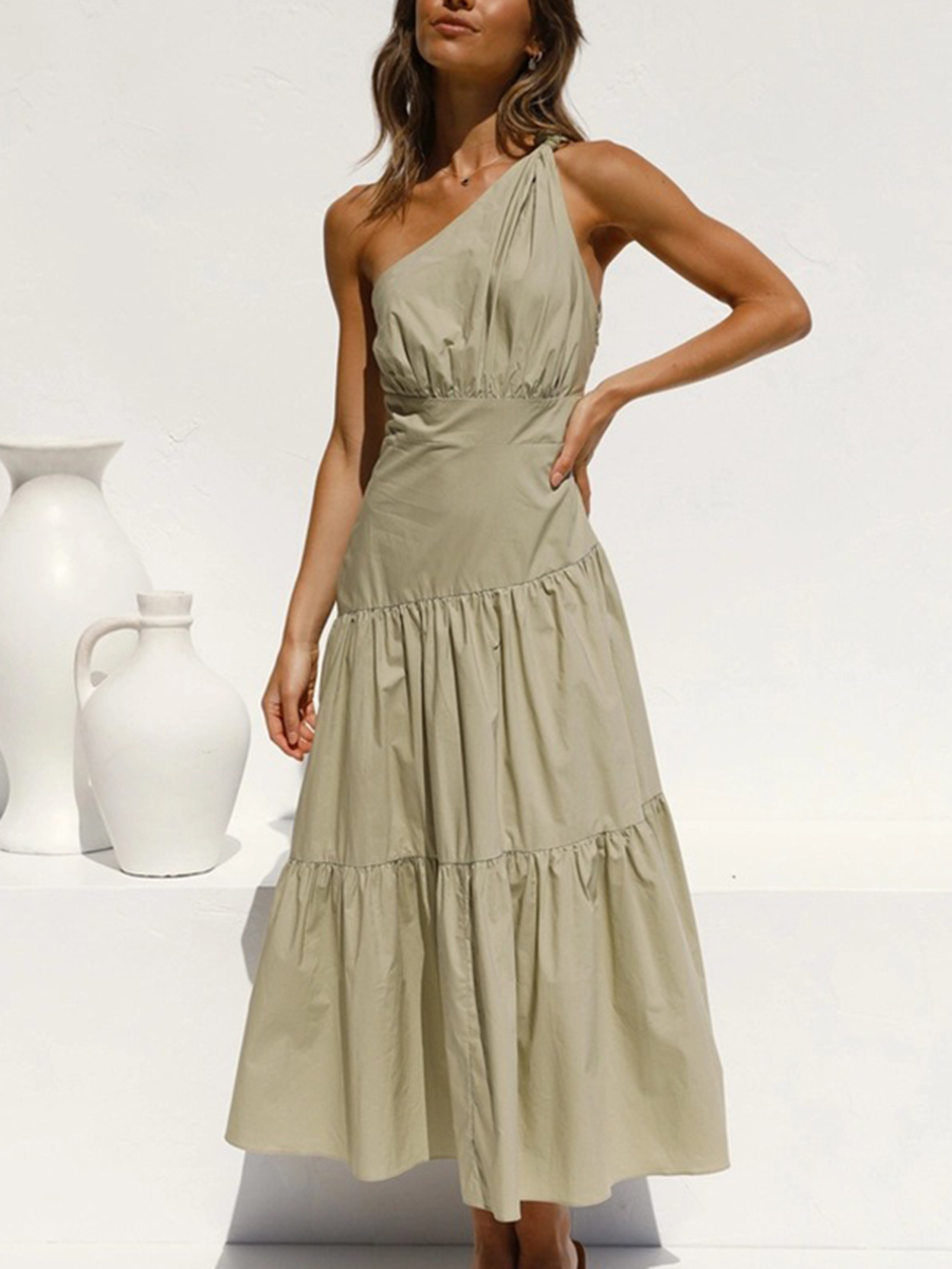 One shoulder Knotted Solid Color Maxi Dress