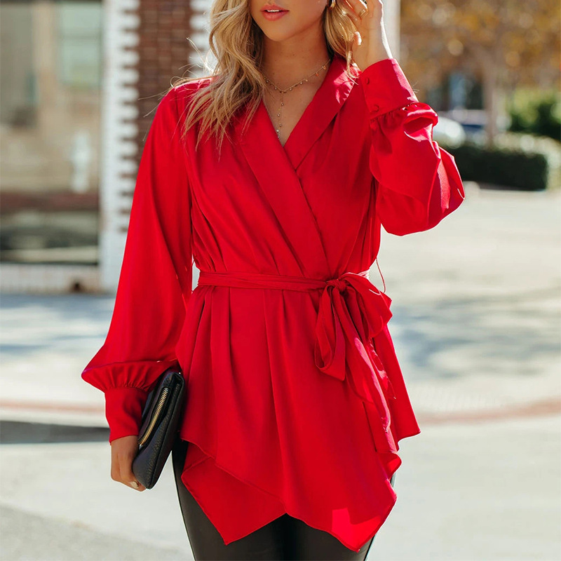 Fashion New V Neck Lantern Sleeve Tie High Waist Shirt