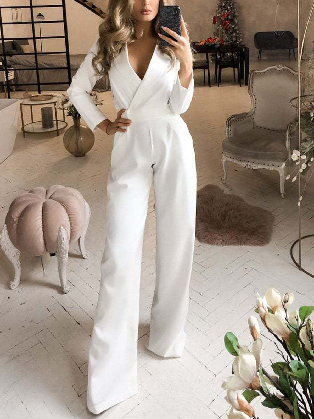 Solid Color V neck Long Sleeve Jumpsuit Elegant