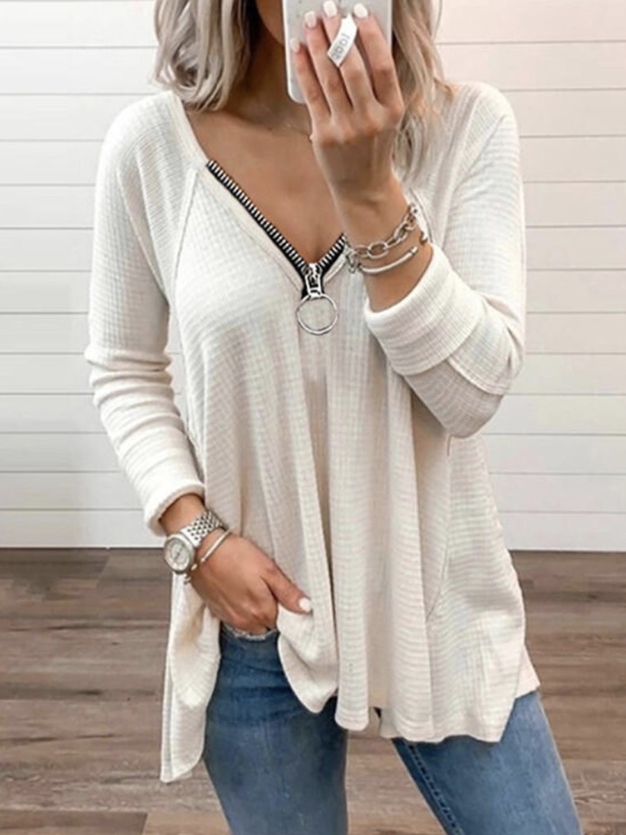 V neck Zipper Solid Color Long sleeved T shirt