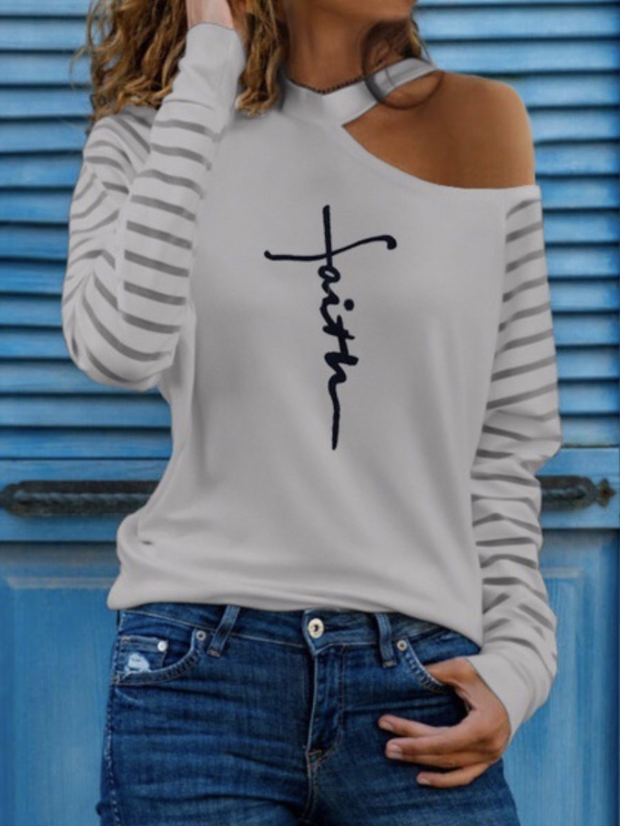 Long Sleeve Off Shoulder Letter Print T shirt