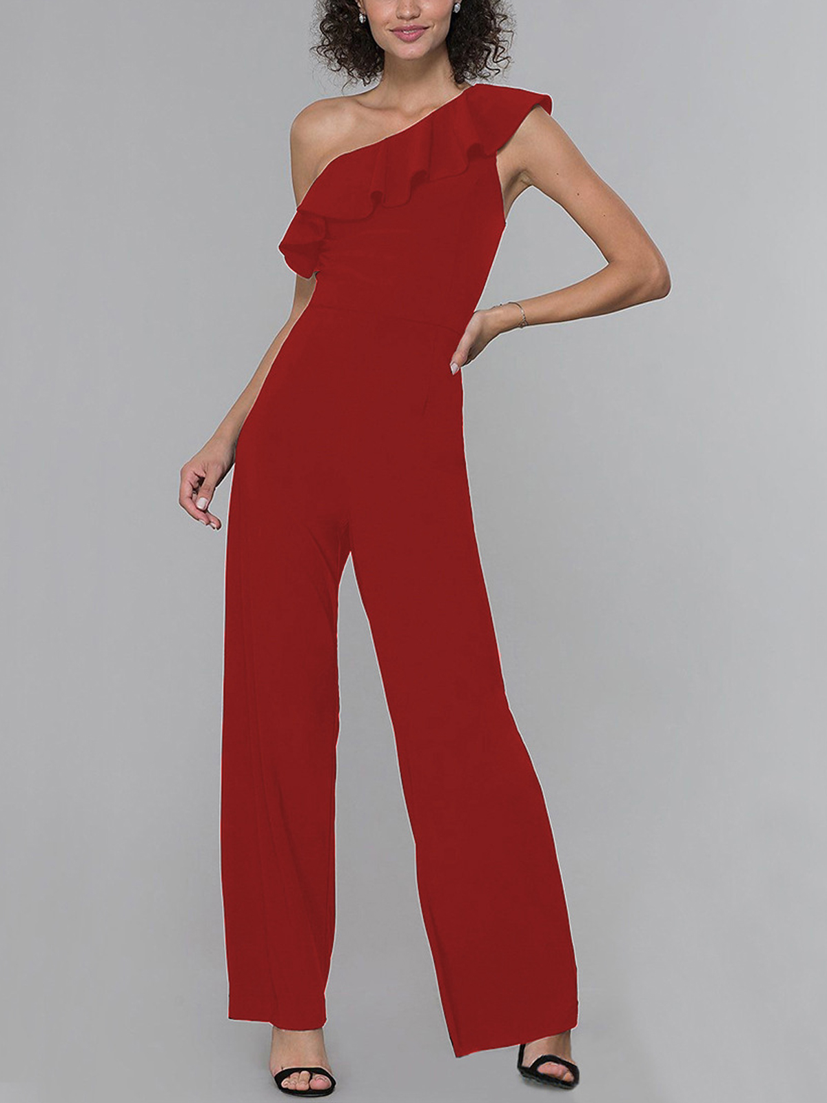 Solid Color One Shoulder Ruffle Jumpsuit