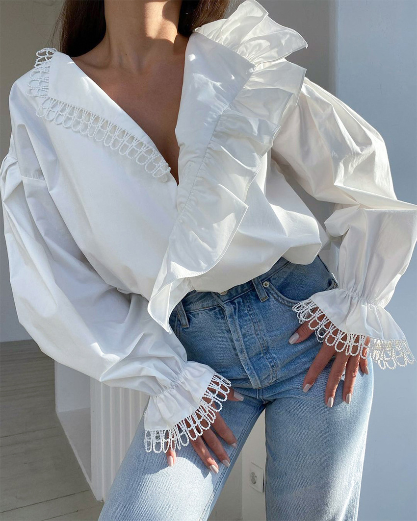 Elegant Deep V Neck, Ear Side, Long Sleeves, Stylish Stitching Lace Shirt