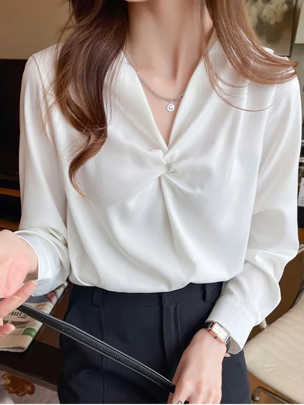Elegant Solid Color Long Sleeve Satin Shirt - Ininrubyclub.com 