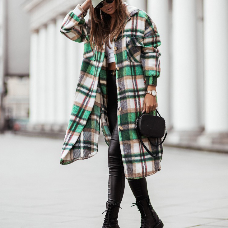 Fashionable Lapel Single Breasted Long Sleeve Plaid Shirt Coat