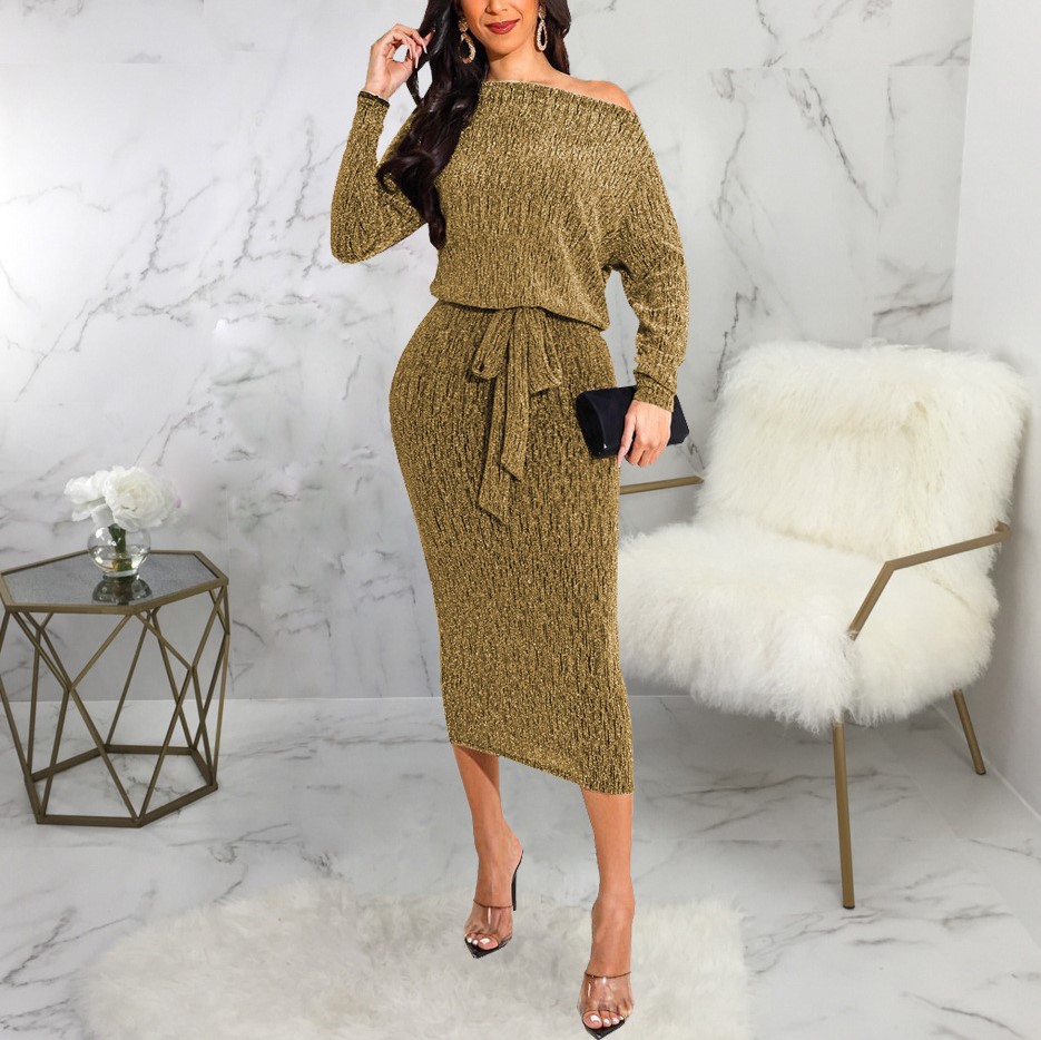 Women's Fashion Sexy Sloping Shoulder Tight High Waist Bag Hip Dress Dress