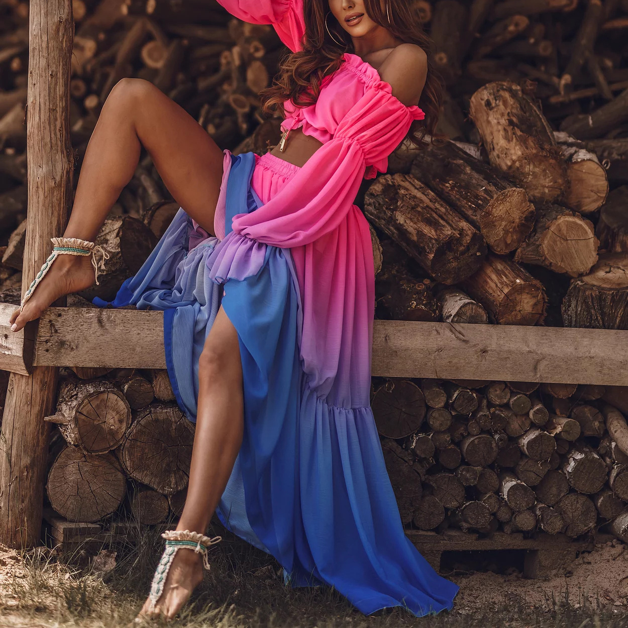 Elegant Gradient Long Sleeve Shirt Half Skirt Suit