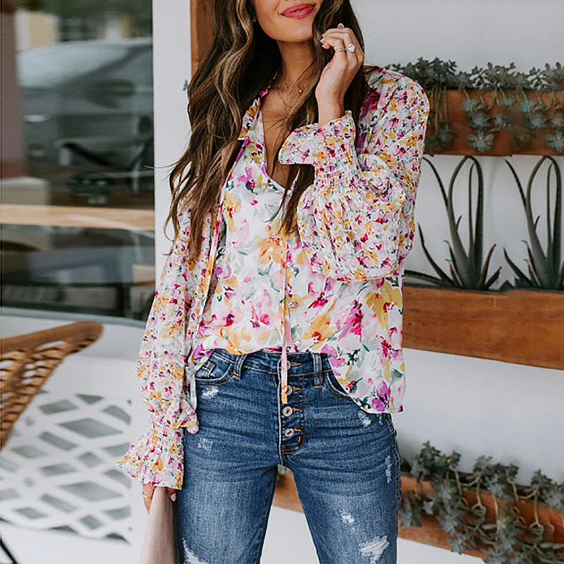 Elegant Printed Lantern Long Sleeve Casual Loose Shirt