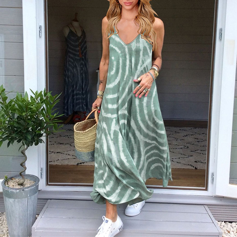 Bohemian Print V Neck Sling Long Dress