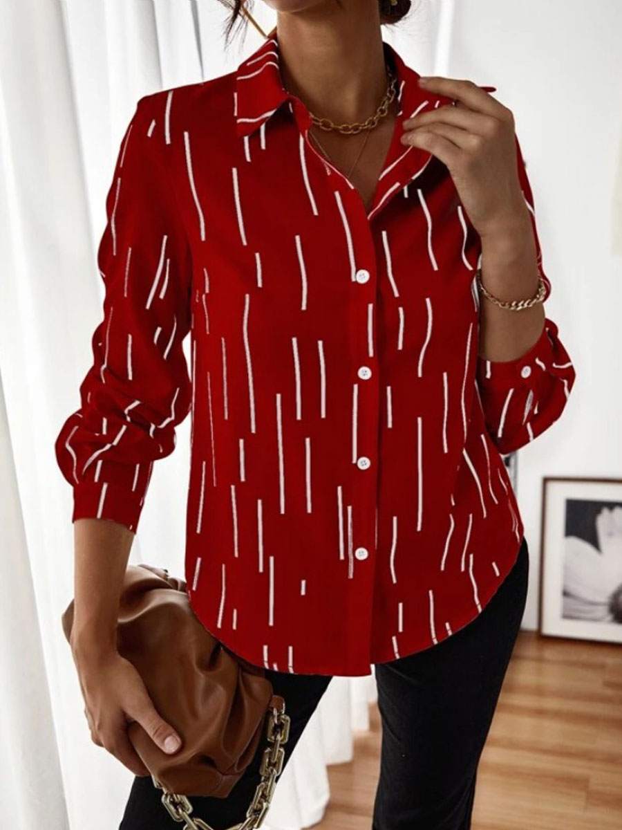 Lapel Print Long Sleeve Striped Single Breasted Shirt