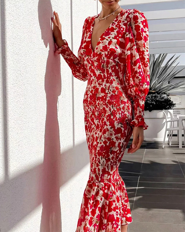 V Neck Printed Long Sleeve Package Hip Fishtail Dress