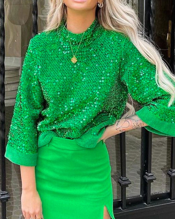 Long Sleeve Stand Collar Loose Sequin T Shirt