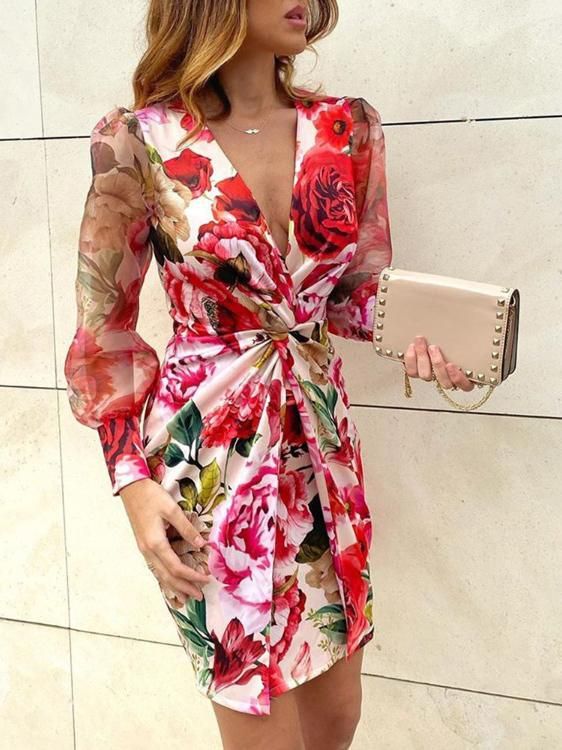 Multicolor Print Sexy V Neck Neck Waist Long Sleeve Dress