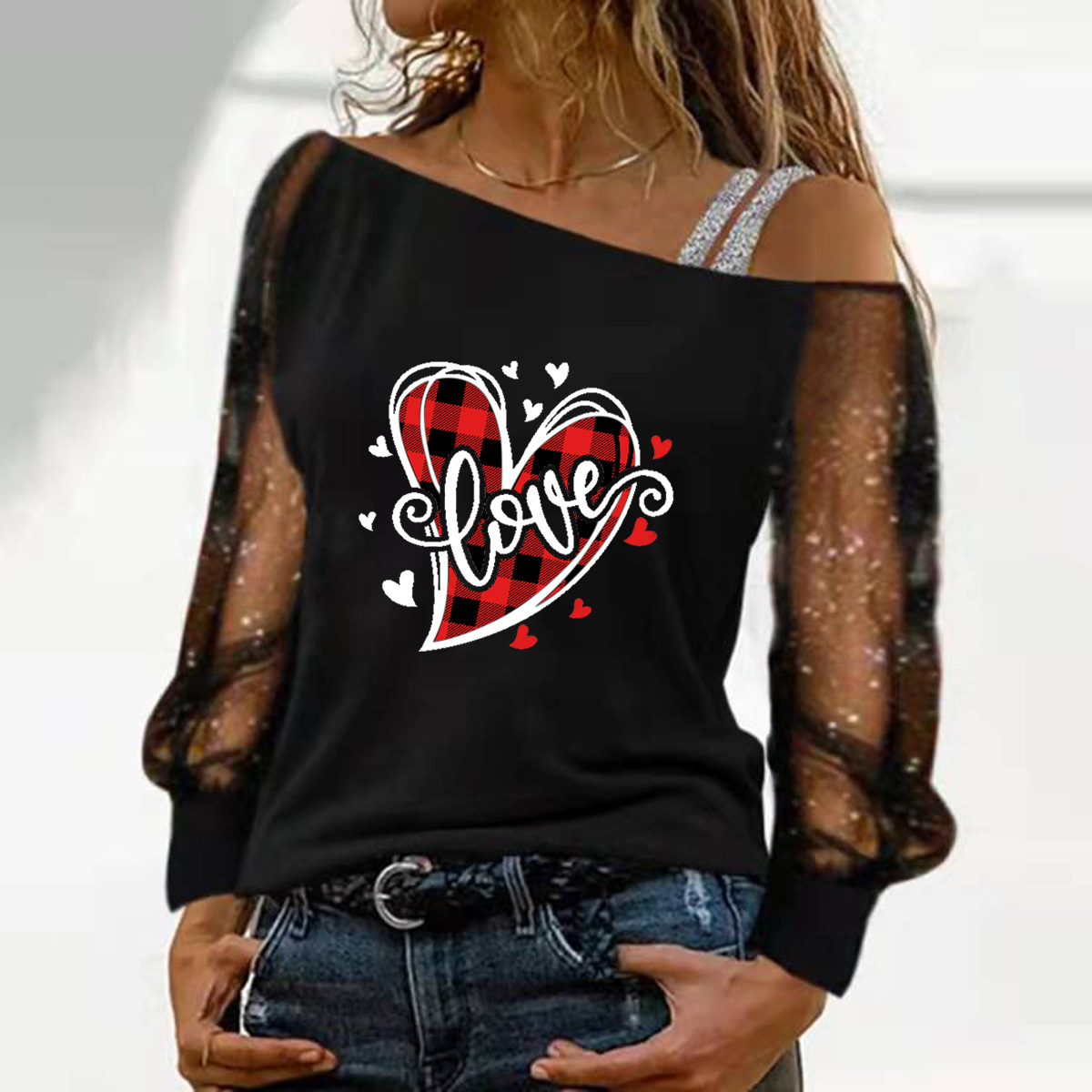 Heart Print One Shoulder Long Sleeve Top