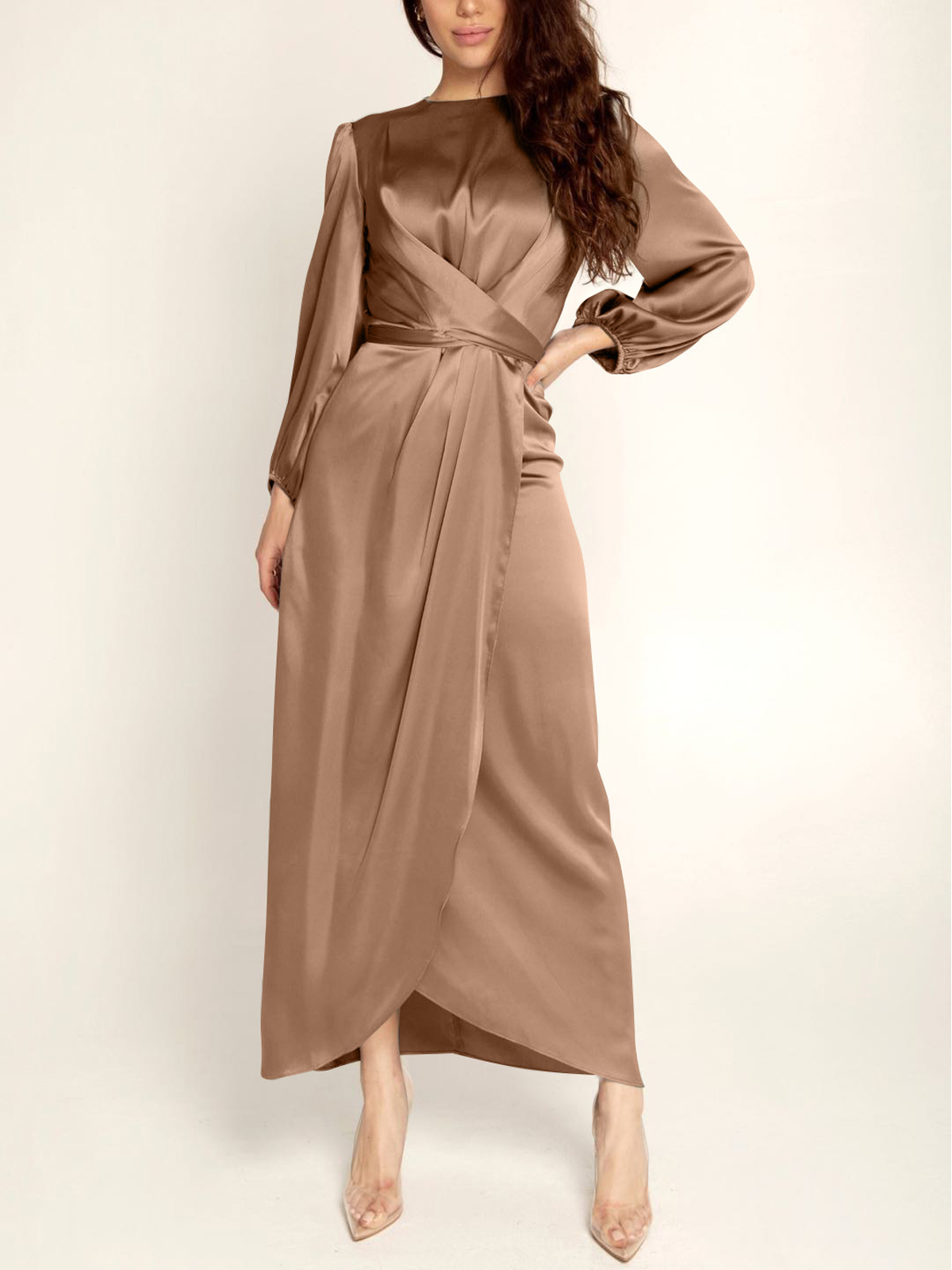 Satin Long Sleeve Girdling Maxi Dress Elegant