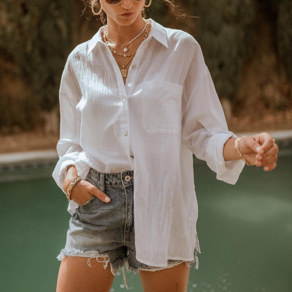 Solid Color Button up Pocket Long Sleeve Blouses