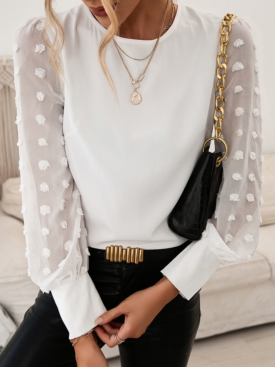 Round Neck Solid Color Polka Dot Long Sleeve T Shirt