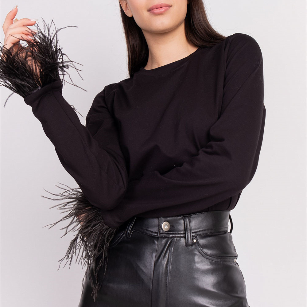 Solid Color Round Neck Feather Cuff Long Sleeve Top