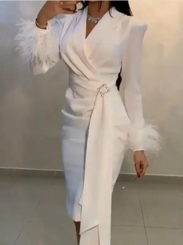 Women's Elegant Simple High Waist V-Neck Feather Suit Dress - Cominbuy.com 