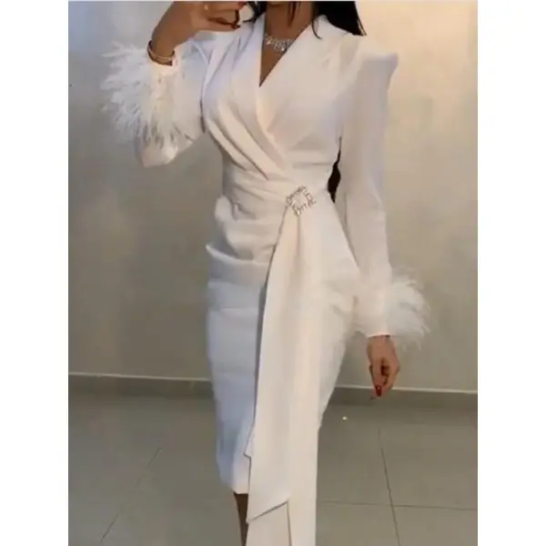 Women's Elegant Simple High Waist V-Neck Feather Suit Dress - Seeklit.com 