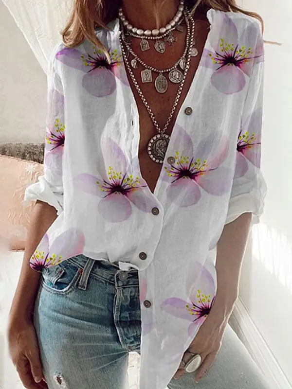 Floral Print Casual Loose Long Sleeve Blouse - Realyiyi.com 
