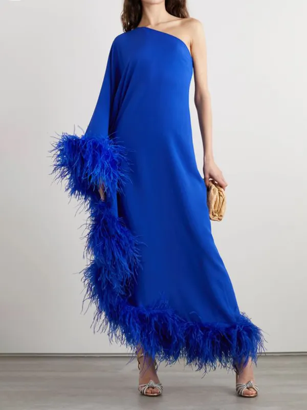 Women's Fashion Elegant Satin Slanted Shoulder Feather Long Dress - Anystylish.com 