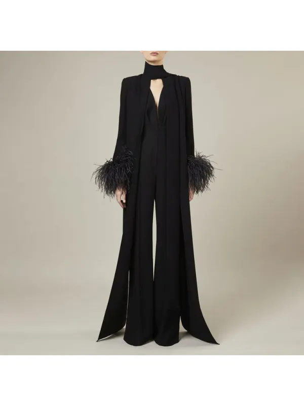 Women's Elegant Feather Embellished Streamer Jumpsuit - Ininrubyclub.com 
