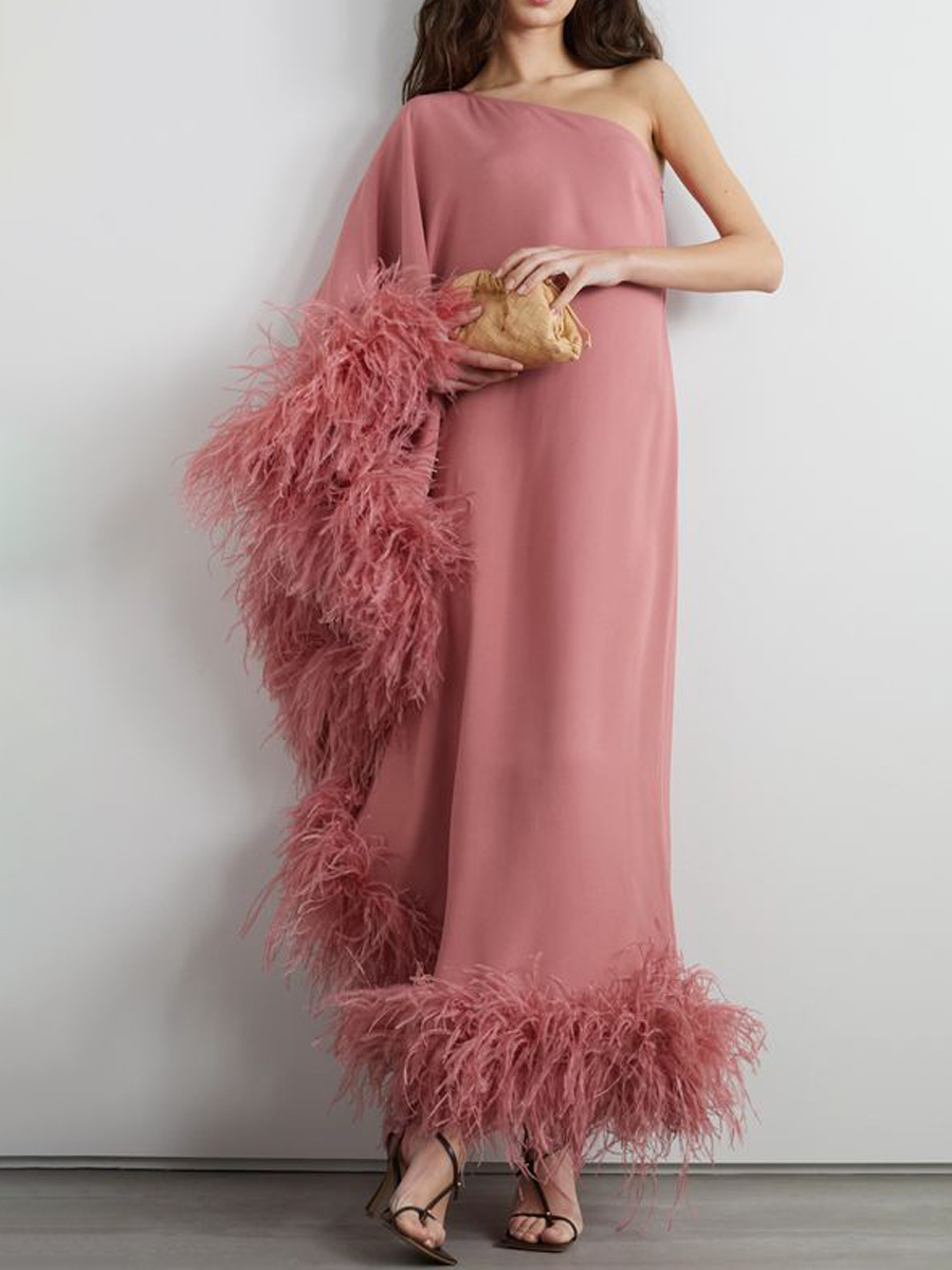 Women's Fashion Elegant Grey Pink Slanted Shoulder Feather Dress