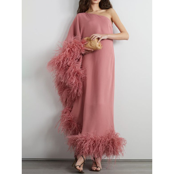 Women's Fashion Elegant Grey Pink Slanted Shoulder Feather Dress - Anystylish.com 