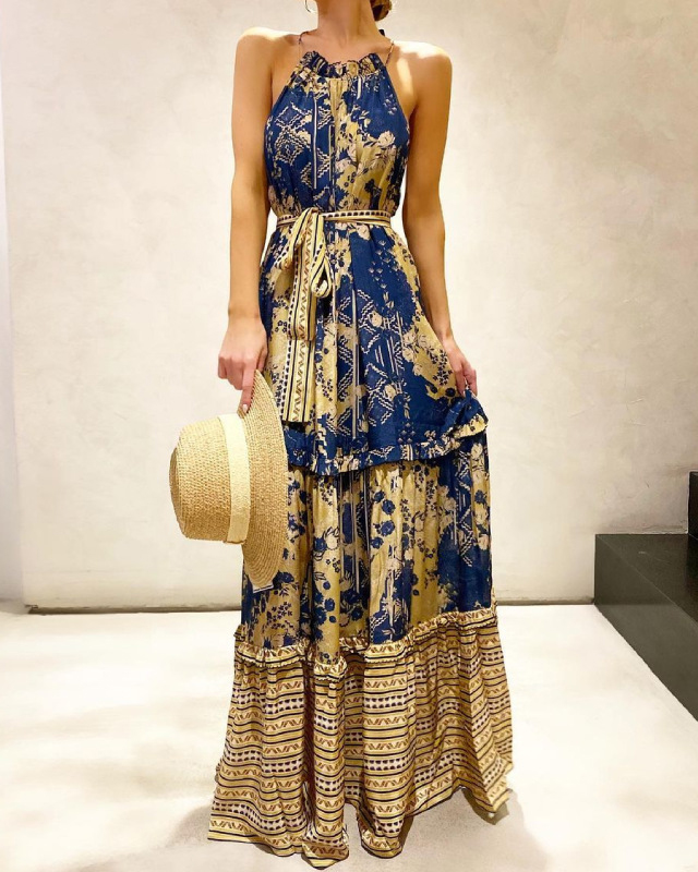 Halterneck Ruffle Print Belted Maxi Dress