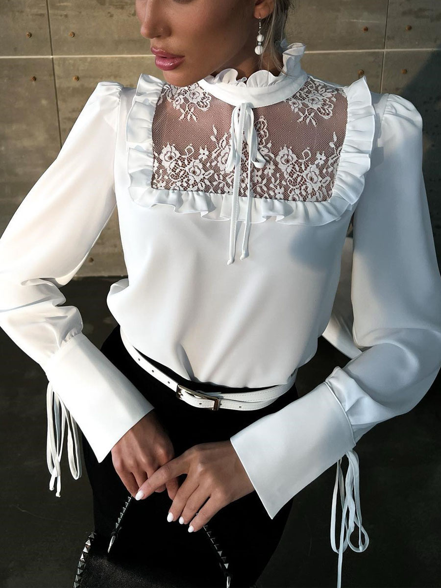 Women's Elegant Fashion Pure White Satin Lace Panel Ruffle Long Sleeve Shirt