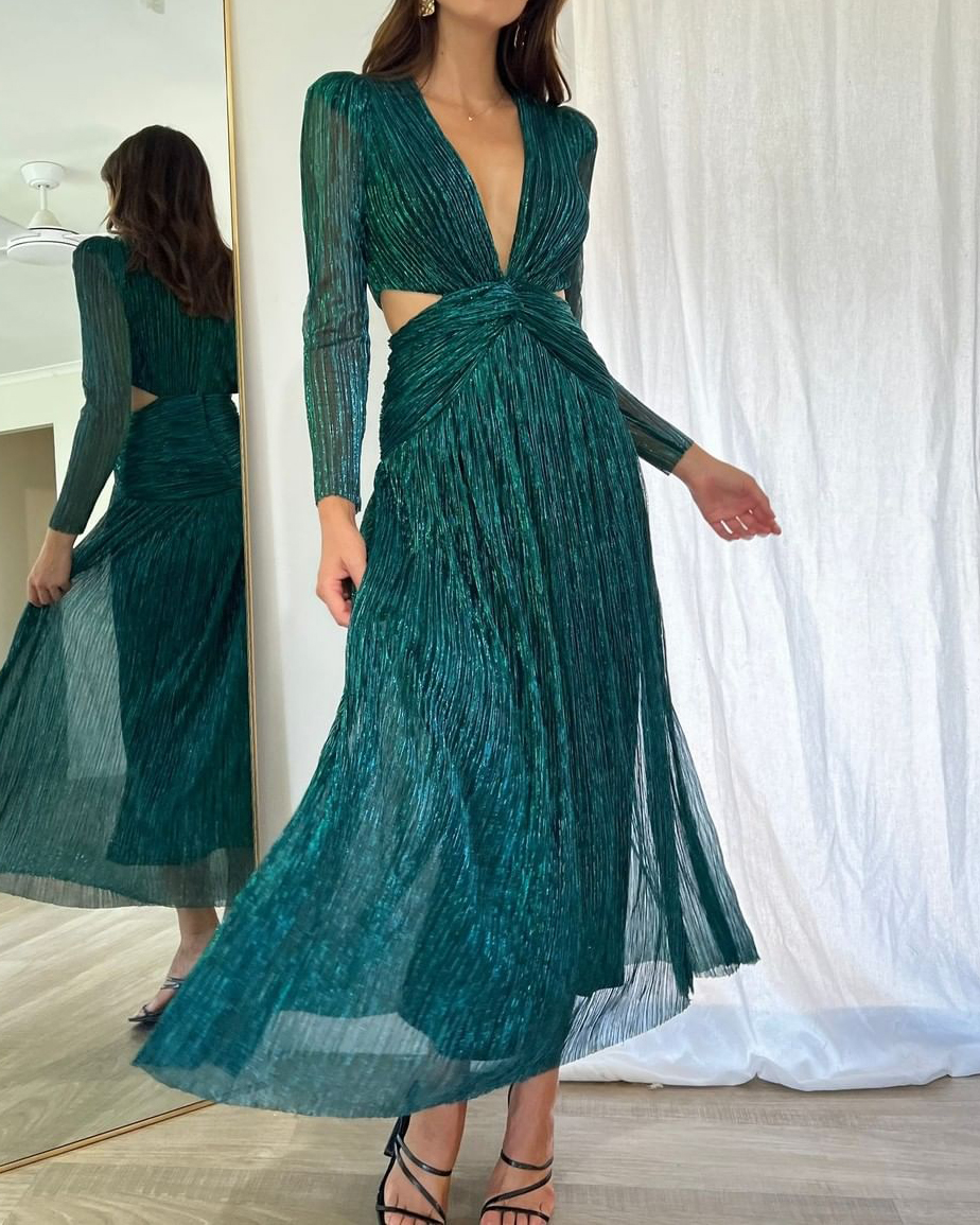 V neck Pleated Open waist Casual Long sleeve Dress