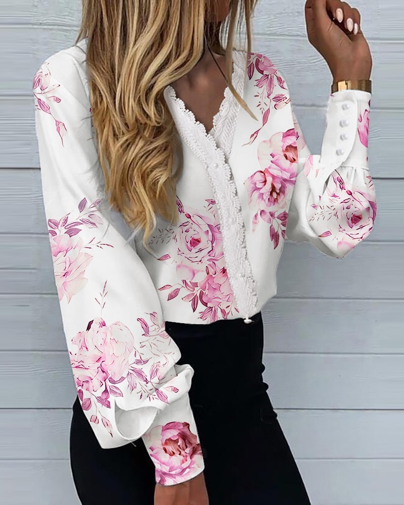 Floral Print Lace Trim Lantern Sleeve Top