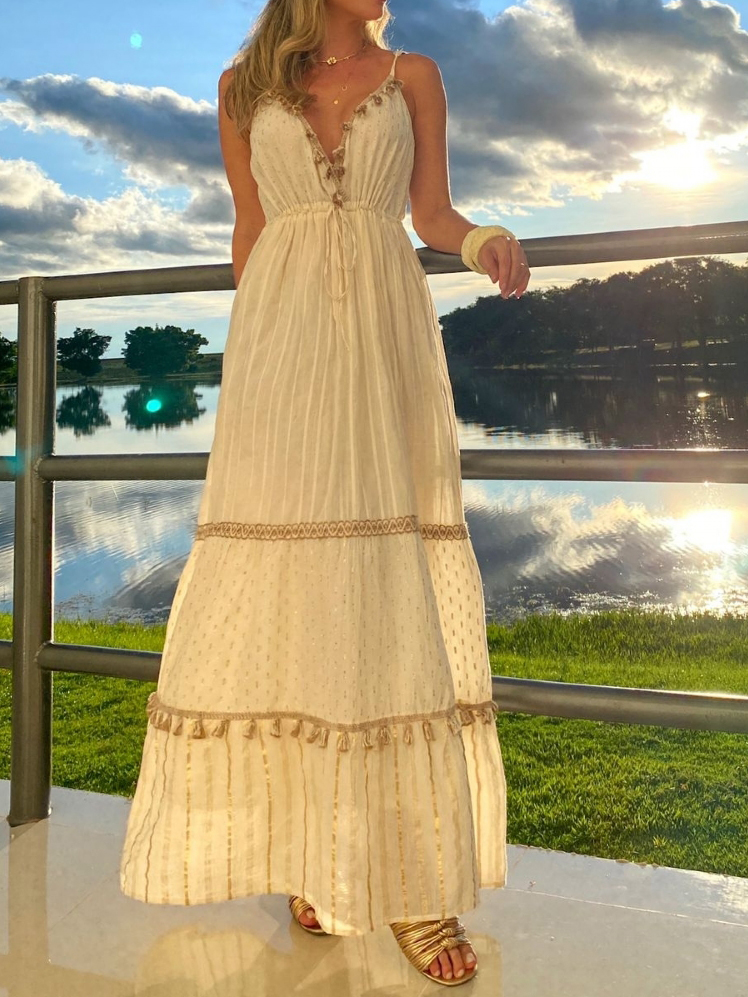 Ladies Resort Print Fringe Trim Lace Up Sleeveless Chiffon Dress