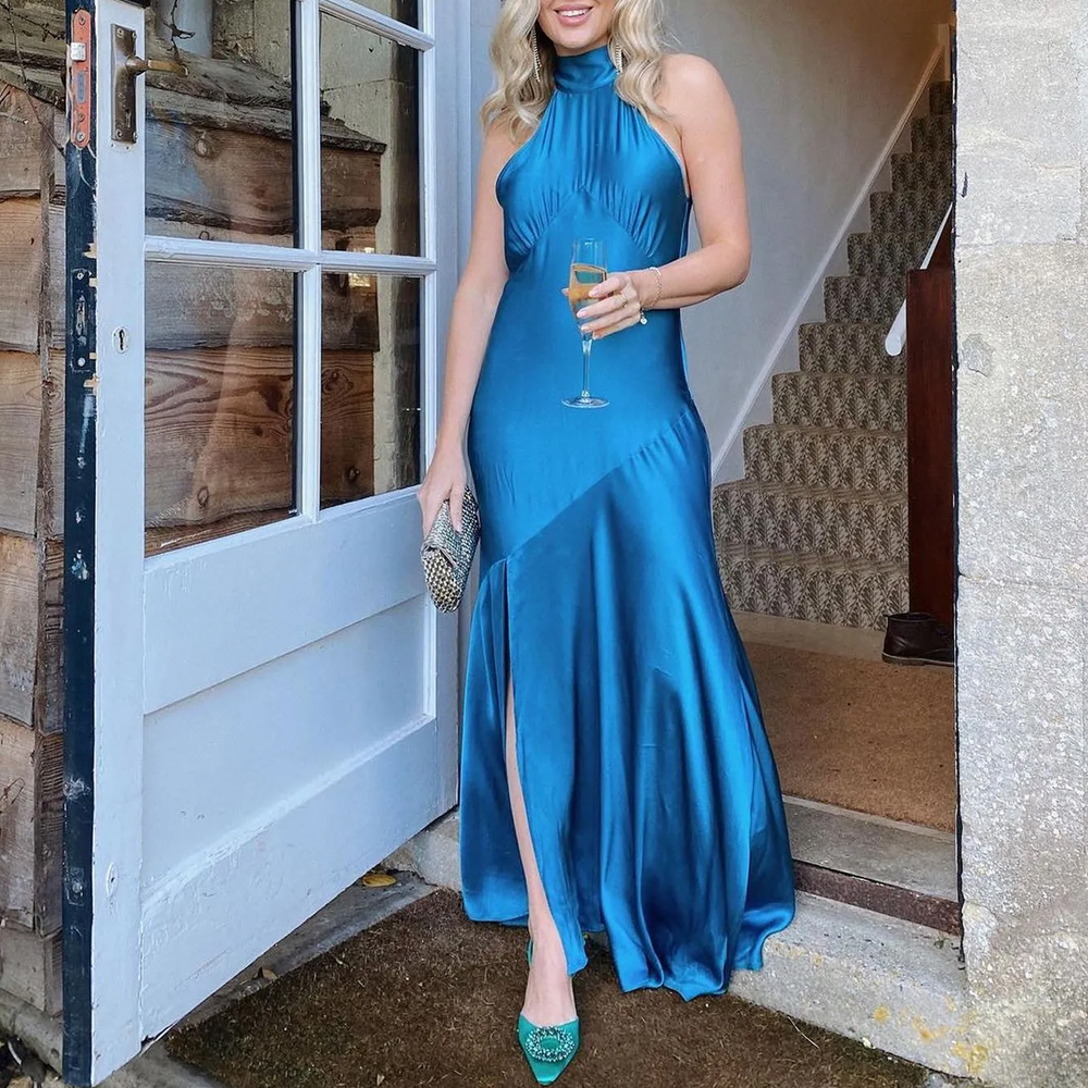 Satin Halter neck Sleeveless Slit Hem Maxi Dress