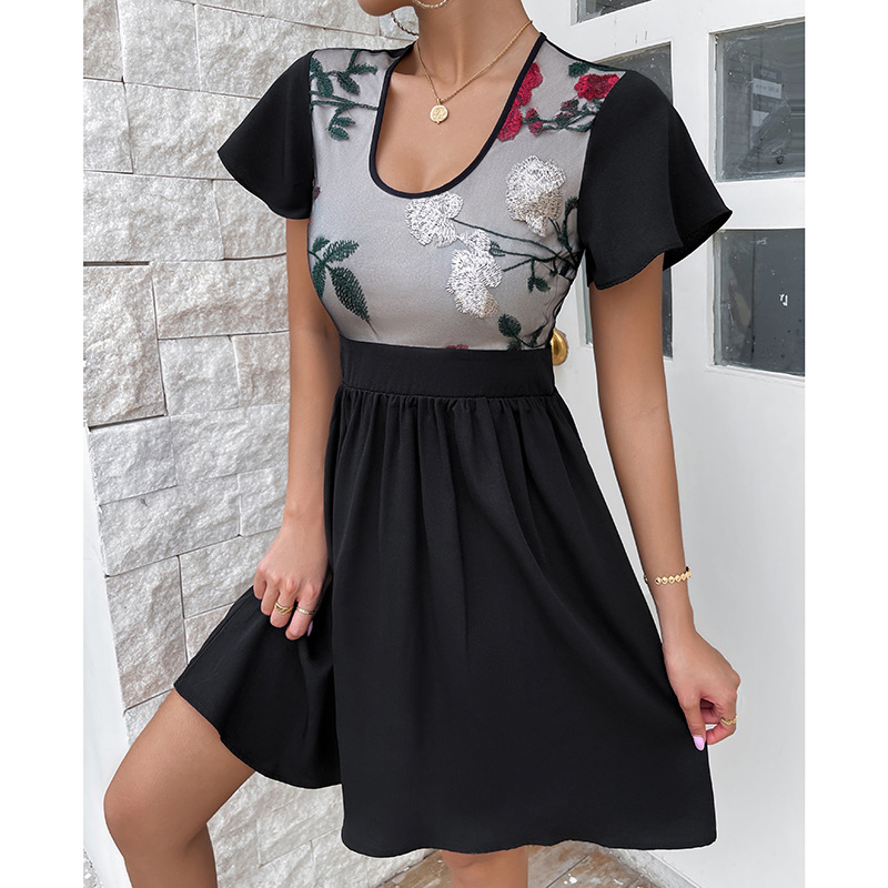 Women's High Waist Round Neck Embroidered Swing Dress