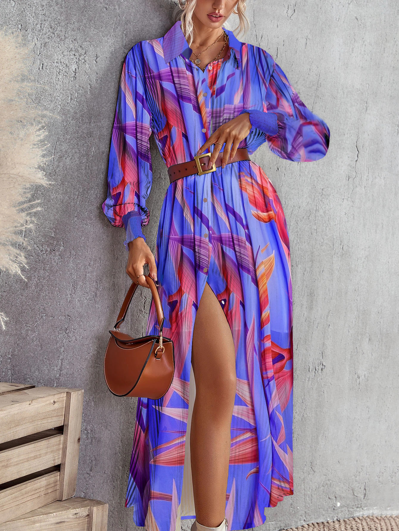 Women's Plant Print Shirt Long Sleeve Dress Without Belt