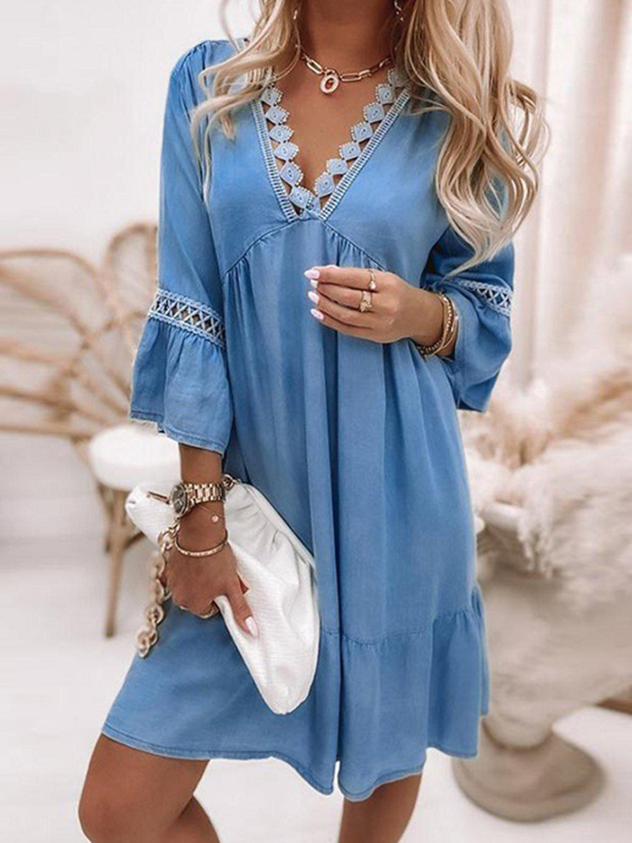 V neck Printed Lace Boho Dress