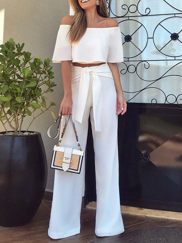 Ladies Casual Solid Color One Shoulder Top Casual Pants Set
