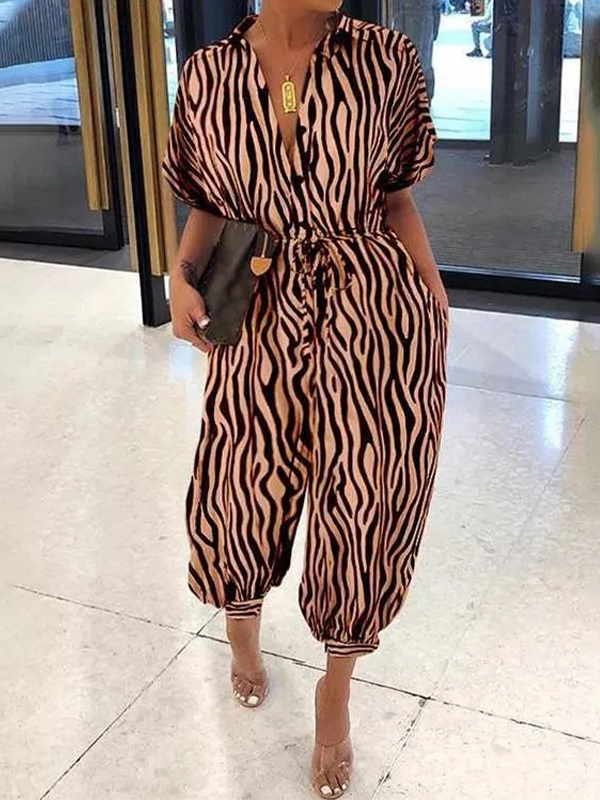 Ladies Vintage Short Sleeve Button Print Jumpsuit