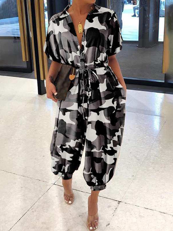 Ladies Vintage Short Sleeve Button Print Jumpsuit
