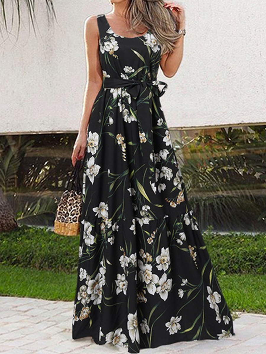 Summer Print Casual Maxi Dress With Belt